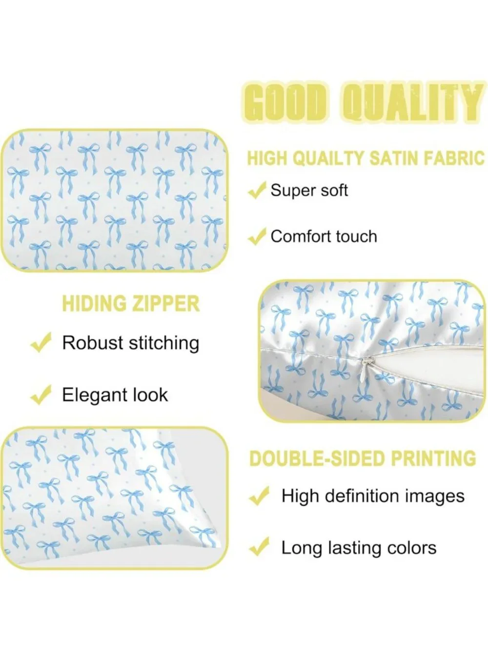 Soft Satin Body Pillowcase - Blue Bow Imitation Silk Cover 20x54